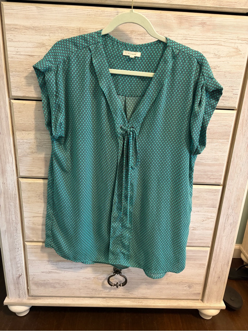 Pleione Teal Geometric Print Blouse